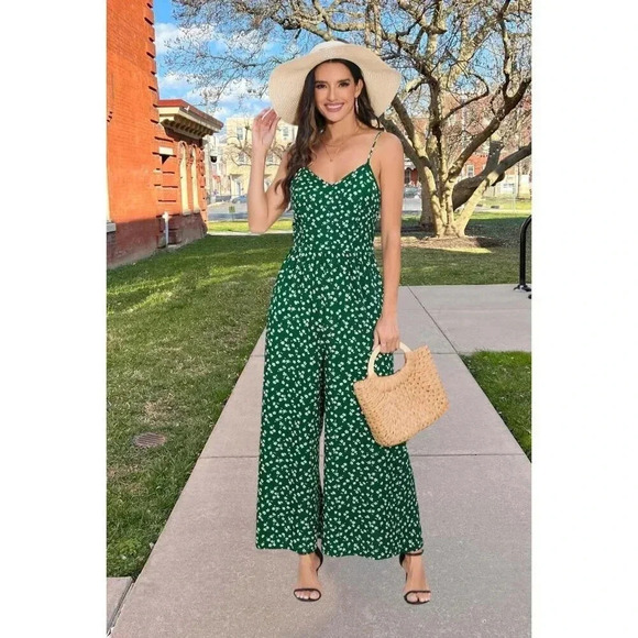 Women Summer Floral Long Rompers Smocked Sleeveless  Jumpers with Pockets - Picture 3 of 6